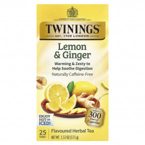 Twinings, травяной чай, без кофеина, лимон и имбирь, 25 пакетиков, 1,32 унции (37,5 г) - описание | фото