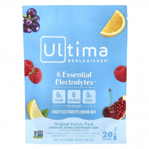 Ultima Replenisher, 6 Essential Electrolytes, смесь для приготовления электролитического напитка для ежедневного приема, оригинальный ассорти, 20 стик-пакетов, 70 г (2,5 унции) - описание | фото