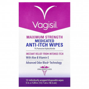 Vagisil, лечебные салфетки против зуда, максимальная сила действия, 12 одноразовых салфеток в индивидуальной упаковке - описание | фото