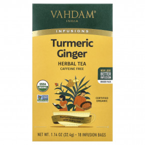 VAHDAM India, Infusions, травяной чай, куркума и имбирь, без кофеина, 18 пакетиков для заваривания, 32,4 г (1,14 унции) в Москве - eco-herb.ru | фото
