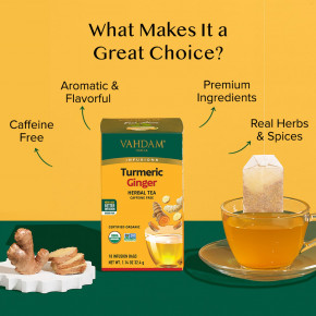 VAHDAM India, Infusions, травяной чай, куркума и имбирь, без кофеина, 18 пакетиков для заваривания, 32,4 г (1,14 унции) в Москве - eco-herb.ru | фото