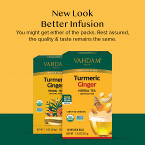 VAHDAM India, Infusions, травяной чай, куркума и имбирь, без кофеина, 18 пакетиков для заваривания, 32,4 г (1,14 унции) в Москве - eco-herb.ru | фото
