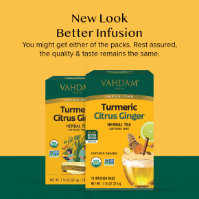 VAHDAM India, Infusions, травяной чай, куркума и имбирь, без кофеина, 18 пакетиков для заваривания, 32,4 г (1,14 унции) в Москве - eco-herb.ru | фото