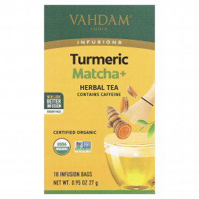VAHDAM India, Infusions, травяной чай, куркума и матча, 18 пакетиков для заваривания, 27 г (0,95 унции) - описание | фото