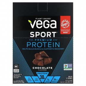 Vega, Sport, растительный протеин премиального качества, шоколадный вкус, 12 пакетиков, 44 г (1,6 унции) каждый - описание