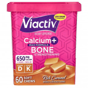 Viactiv, Calcium + Bone Strength, Max Formula, насыщенная карамель, 650 мг, 60 жевательных таблеток - описание