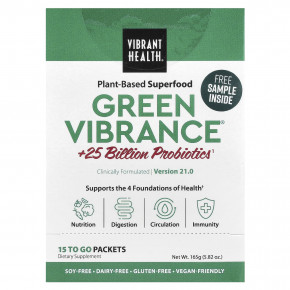 Vibrant Health, Green Vibrance® +25 млрд пробиотиков, версия 21.0, 15 порционных пакетиков, 165 г (5,82 унции) - подробнее Vibrant Health, Green Vibrance® +25 млрд пробиотиков, версия 21.0, 15 порционных пакетиков, 165 г (5,82 унции) - описание