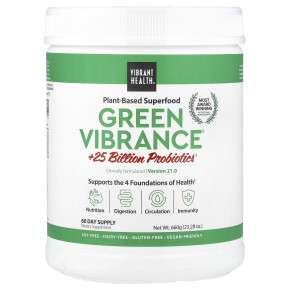 Vibrant Health, Green Vibrance® +25 млрд пробиотиков, версия 21,0, 660 г (23,28 унции) - описание | фото