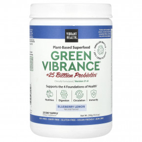 Vibrant Health, Green Vibrance® +25 млрд пробиотиков, версия 21.0, со вкусом голубики и лимона, 292 г (10,3 унции) - описание | фото