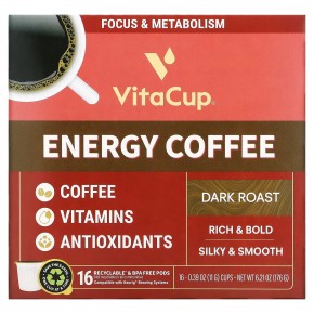 VitaCup, Energy Coffee, темная обжарка, 16 капсул по 11 г (0,39 унции) - описание