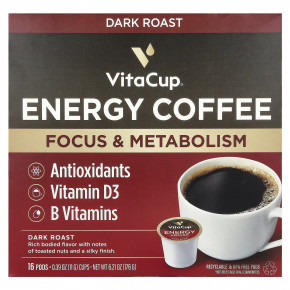 VitaCup, Energy Coffee, темная обжарка, 16 капсул по 11 г (0,39 унции) - описание | фото