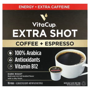 VitaCup, Extra Shot, кофе + эспрессо, темная обжарка, 16 капсул по 11 г (0,39 унции) в Москве - eco-herb.ru | фото