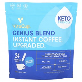 VitaCup, Genius, растворимый кофе в стиках, средней обжарки, 24 порции, по 3,8 г (0,13 унции) - описание
