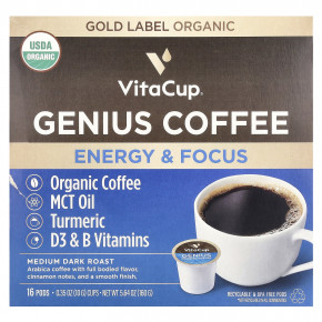 VitaCup, Genius Coffee, средней темной обжарки, 16 капсул по 10 г (0,35 унции) - описание