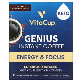 VitaCup, Растворимый кофе Genius, средней темной обжарки, 10 упаковок для еды, по 3,8 г (0,13 унции) каждая - описание