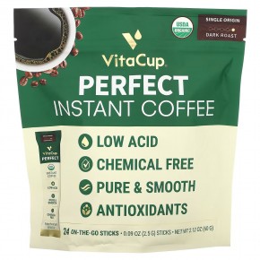 VitaCup, Perfect Instant Coffee, темная обжарка, 24 палочки для еды, по 2,5 г (0,09 унции) - описание
