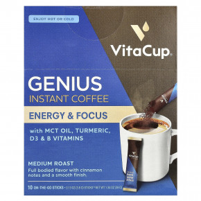 VitaCup, Растворимый кофе Genius, средней обжарки, 10 палочек для еды, по 3,8 г (0,13 унции) в Москве - eco-herb.ru | фото