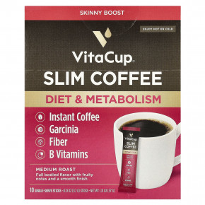 VitaCup, Растворимый кофе Slim, средней обжарки, 10 стиков на одну порцию, 3,7 г (0,13 унции) - описание | фото