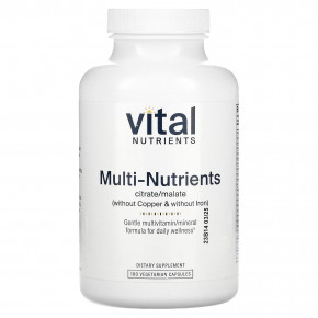 Vital Nutrients, мультипитательный цитрат/малат (без меди и железа), 180 вегетарианских капсул - описание | фото