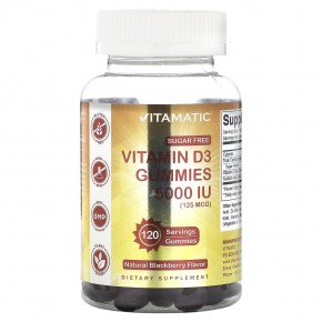 Vitamatic, Жевательные таблетки с витамином D3 без сахара, натуральная ежевика, 125 мкг (5000 МЕ), 120 жевательных таблеток - описание