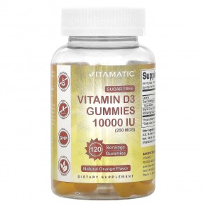 Vitamatic, Без сахара, витамин D3, натуральный апельсин, 250 мкг (10 000 МЕ), 120 жевательных таблеток - описание