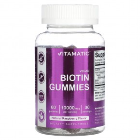 Vitamatic, Vegan Biotin Gummies, Natural Raspberry, 5,000 mcg, 60 Gummies в Москве - eco-herb.ru | фото