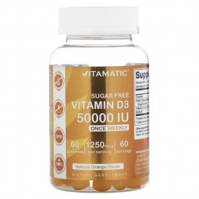 Vitamatic, Витамин D3, без сахара, апельсин, 1250 мкг (50 000 МЕ), 60 жевательных таблеток - описание