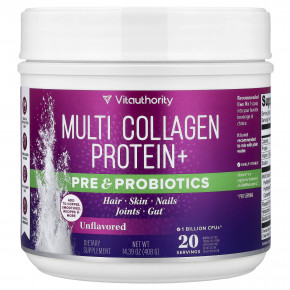Vitauthority, Multi Collagen Protein+, коллаген с пребиотиками и пробиотиками, без добавок, 408 г (14,39 унции) - описание | фото