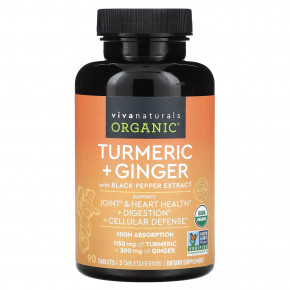 Viva Naturals, Organic, Turmeric + Ginger, 90 Tablets в Москве - eco-herb.ru | фото