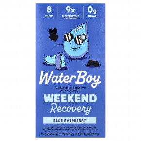 Waterboy, Weekend Recovery, смесь для приготовления напитков с электролитами для гидратации, голубая малина, 8 пакетиков по 7 г (0,25 унции) - описание
