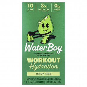 Waterboy, Workout Hydration, смесь для приготовления электролитического напитка, лимон и лайм, 10 пакетиков-стиков по 6,2 г (0,22 унции) - описание | фото