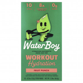 Waterboy, Workout Hydration, смесь для приготовления электролитического напитка, со вкусом фруктового пунша, 10 пакетиков-стиков по 6,5 г (0,23 унции) - описание | фото
