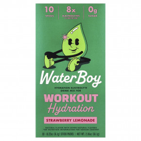 Waterboy, Workout Hydration, смесь для приготовления электролитического напитка, со вкусом клубничного лимонада, 10 пакетиков-стиков по 6,1 г (0,22 унции) - описание | фото