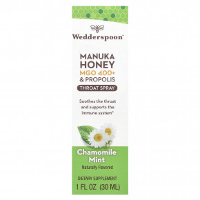 Wedderspoon, Manuka Honey, & Propolis, спрей для горла, ромашка и мята, MGO 400+, 30 мл (1 жидк. унц.) в Москве - eco-herb.ru | фото