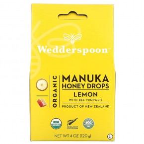 Wedderspoon, органические капли с медом манука, лимон и пчелиный прополис, 20 шт., 120 г (4 унции) - описание
