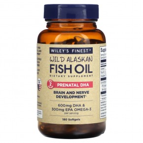 Wiley's Finest, жир диких аляскинских рыб, пренатальная ДГК, 600 мг, 180 рыбных капсул - описание