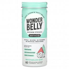 Wonderbelly, Antacid, арбуз и мята, 1000 мг, 60 жевательных таблеток - описание