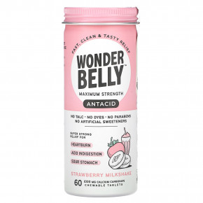 Wonderbelly, Antacid, клубничный молочный коктейль, 1000 мг, 60 жевательных таблеток - описание