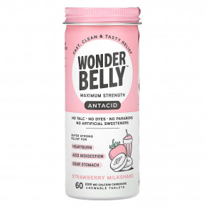 Wonderbelly, Antacid, клубничный молочный коктейль, 60 жевательных таблеток (1000 мг в каждой таблетке) - описание | фото