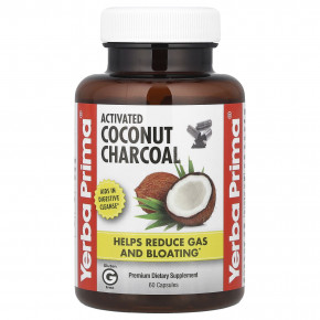 Yerba Prima, Активированный кокосовый уголь, 60 капсул (130 мг на капсулу) - описание | фото