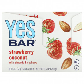 Yes Bar, Snack Bar, клубника и кокос, 6 батончиков по 40 г (1,4 унции) - описание | фото