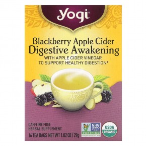 Yogi Tea, Пробуждение пищеварения, чай без кофеина с ежевикой и яблочным сидром, 16 чайных пакетиков, 29 г (1,02 унции) - описание