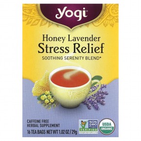 Yogi Tea, Stress Relief, мед и лаванда, без кофеина, 16 чайных пакетиков, 29 г (1,02 унции) - описание