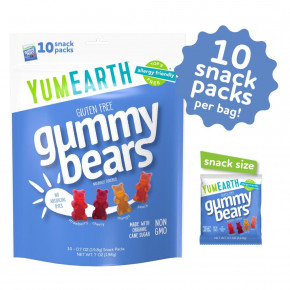 YumEarth, жевательные мишки без глютена, клубника, вишня, манго, персик, 10 порционных упаковок по 19,8 г (0,7 унции) в Москве - eco-herb.ru | фото