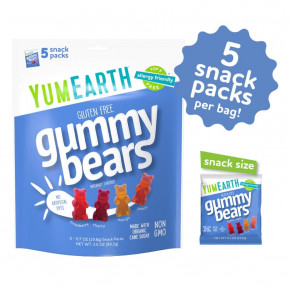 YumEarth, жевательные мишки без глютена, со вкусом клубники, вишни, манго и персика, 5 порционных пакетиков по 19,8 г (0,7 унции) в Москве - eco-herb.ru | фото