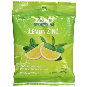 Zand, Naturals, лимон и цинк, лимон и мята, 15 пастилок для горла - описание
