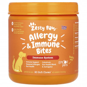 Zesty Paws, Aller-Immune Bites, добавка для собак всех возрастов, со вкусом ягненка, 90 жевательных таблеток, 315 г (11,1 унции) - описание