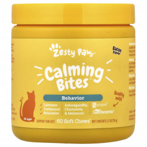 Zesty Paws, Calming Bites™, для кошек всех возрастов, со вкусом бекона, 60 жевательных таблеток, 78 г (2,7 унции) - описание | фото