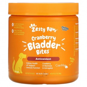 Zesty Paws, Bites, мочевыводящие пути, для собак всех возрастов, со вкусом курицы, 90 жевательных таблеток, 315 г (11,1 унции) - описание