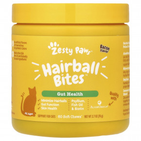 Zesty Paws, Hairball Bites, для кошек, для всех возрастов, бекон, 60 жевательных таблеток, 78 г (2,7 унции) - описание | фото